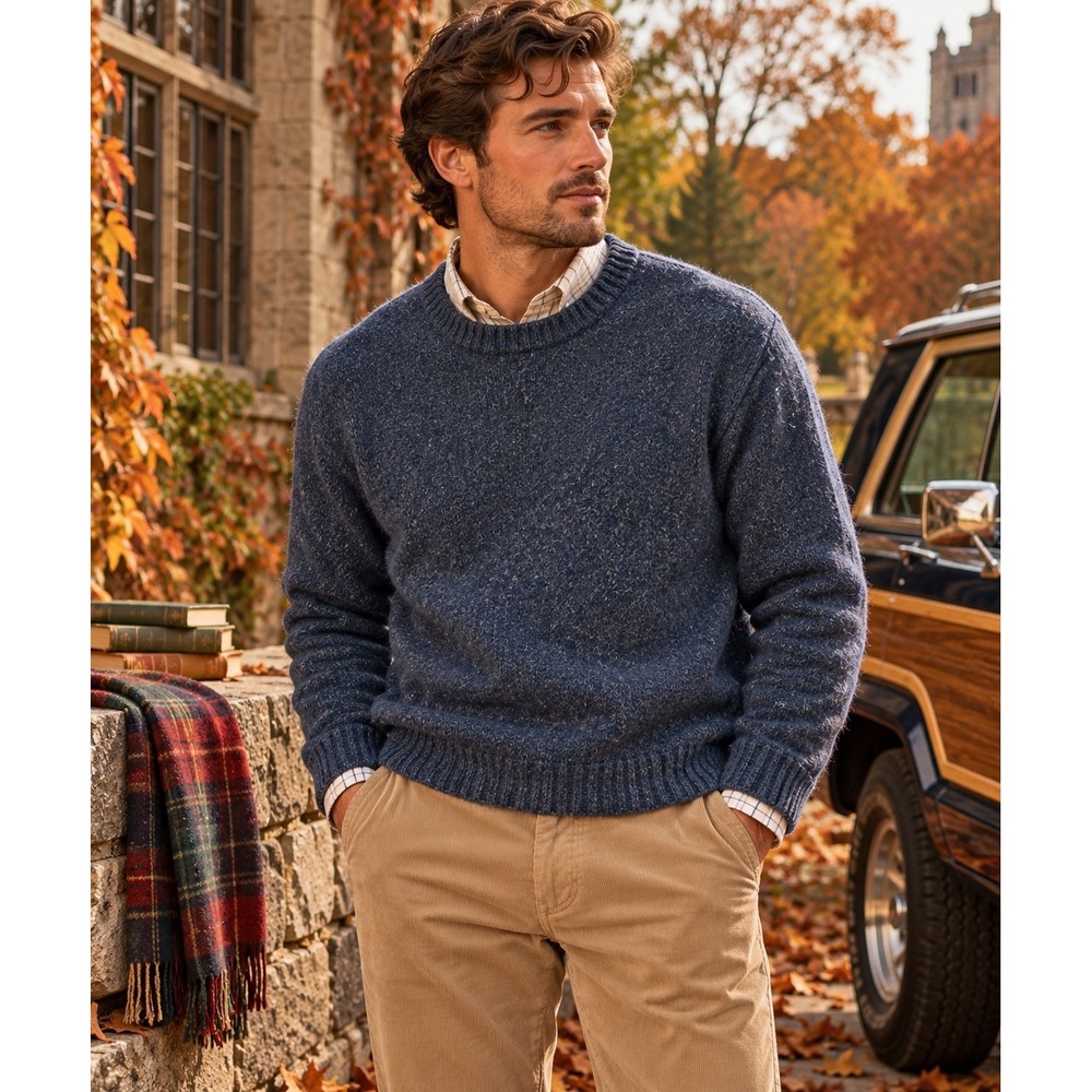 Vintage 100% Shetland Wool Crewneck Sweater Blue Heather Knit Mens Large Preppy